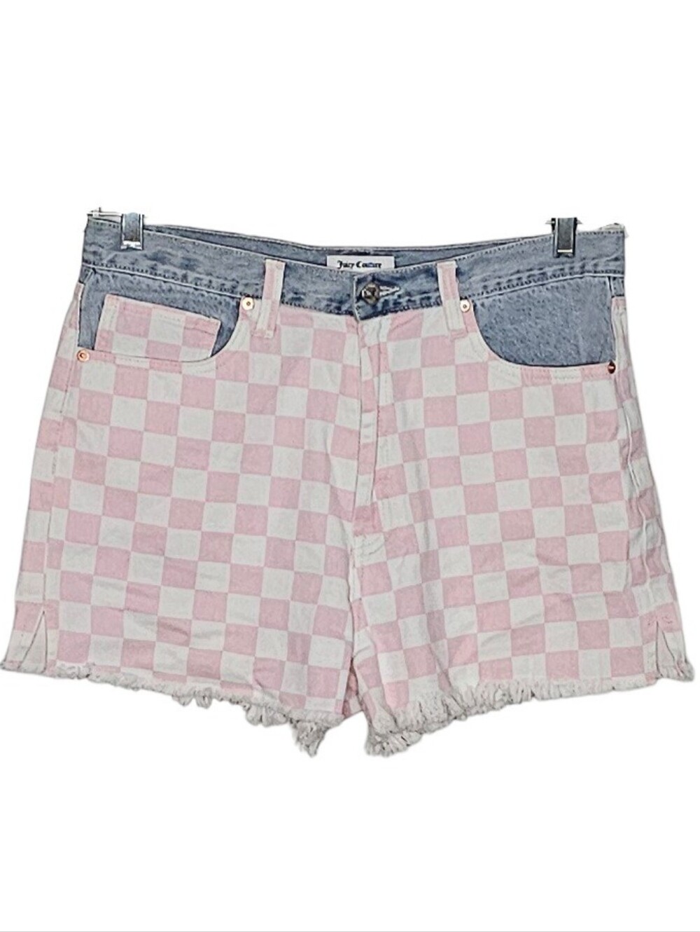 Juicy Couture Western High Rise Jean Cut Off Shorts Pink White Checker 32 waist
